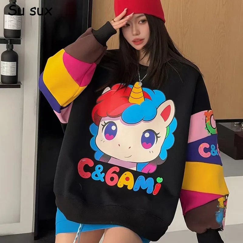 

Весна 2026, милый лоскутный пуловер с мультяшным принтом, женские топы, японская корейская модная разноцветная верхняя одежда больших размеров