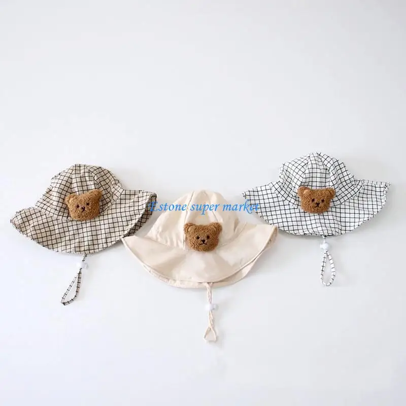 

090B Fashion Baby Boys Girls Cartoon Bear Adjustable Kids Hats Plaid Cap Summer Beach Travel Accessories
