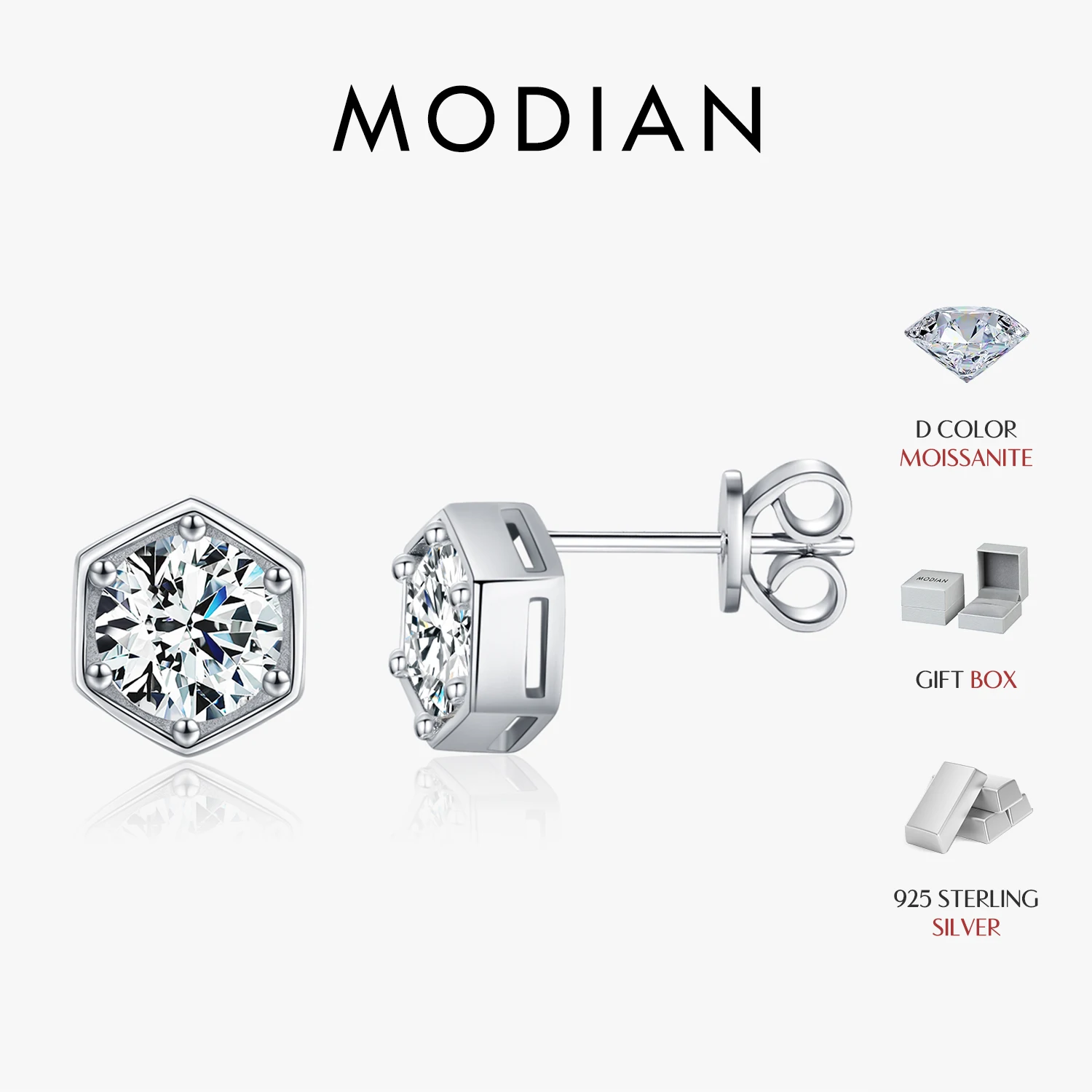 MODIAN D Color 1CT Moissanite Earrings 925 Sterling Silver Sparkling Hexagon Stud Earrings For Women Wedding Fine Jewelry Gift