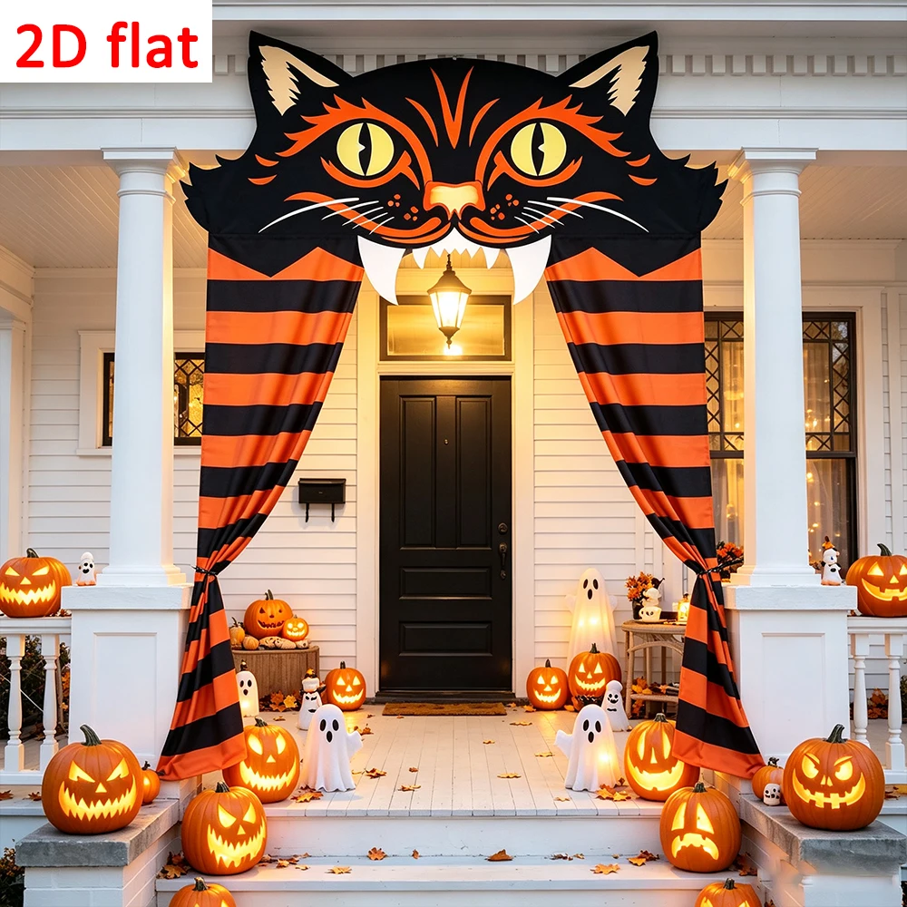 Schwarzer Katzen-Halloween-Torbogen-Vorhang, Orange-Schwarz Gestreiftes Katzen-Gesicht Türbanner für Veranda, Halloween-Party Eingangsbereich Dekoration – Detail 2