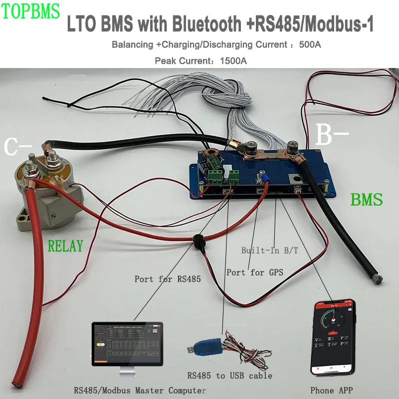 Imagem -03 - Topbms Lto Bms 20s 21s 22s 48v 24s 60v 200a 300a 400a 500a 600a Bluetooth Rs485 Modbus Titanato de Lítio Bateria Solar E-car