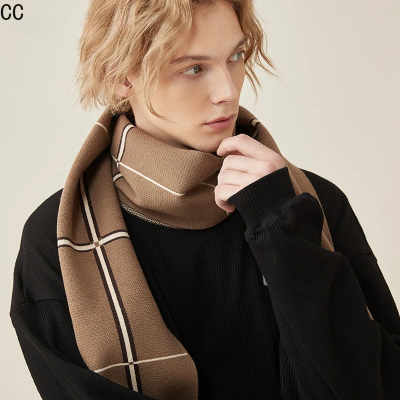 Men\'s Scarf High Quality Wool Autumn Winter Thick Warm Business Versatile Plaid Stripe Cashmere Muffler Luxury Chrimas Gift Male