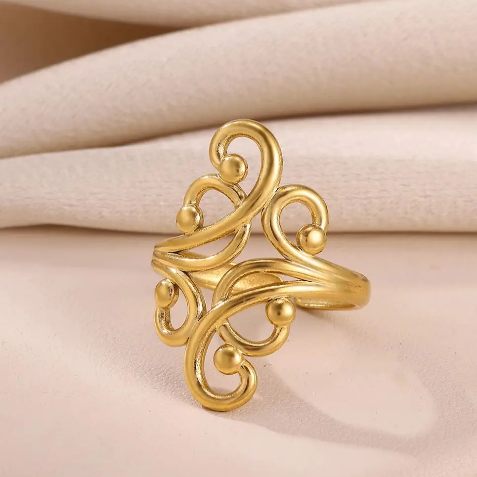 Stainless Steel Flower Pattern Rings for Women Gold Color Ring Elegant Scroll Design with Beaded Fashion Valentine Jewelry Gift
