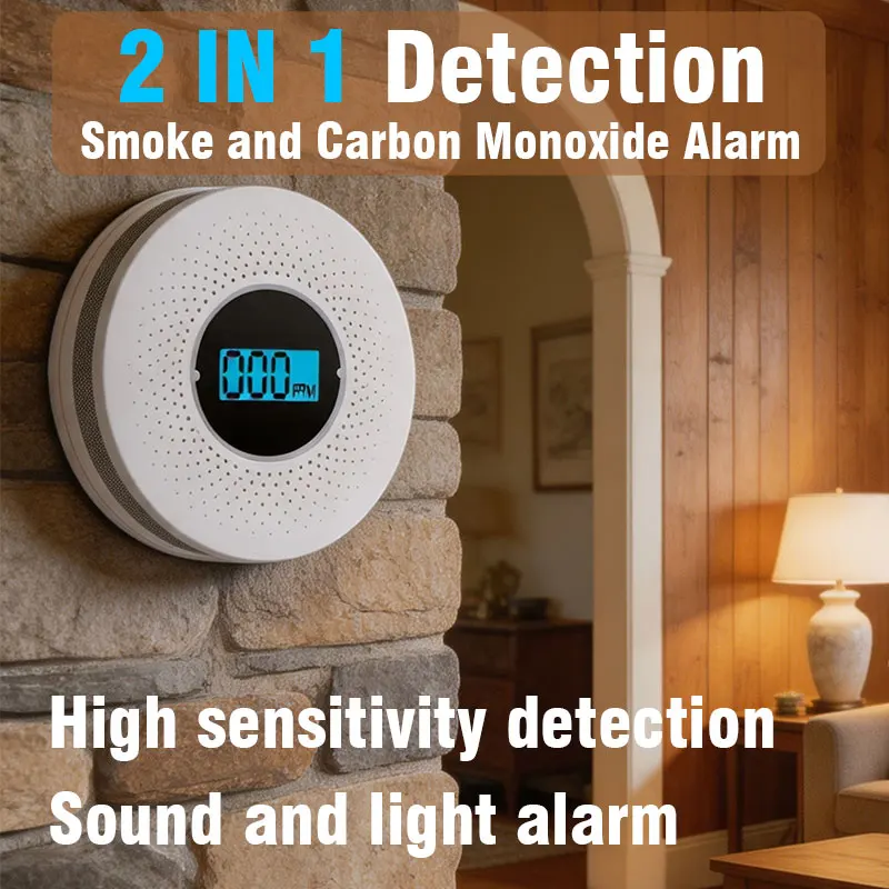 2-in-1 Smoke and Carbon Monoxide Detector, with LED Display, Carbon Monoxide Alarm Function, Battery-Powered, Suitable for Use I