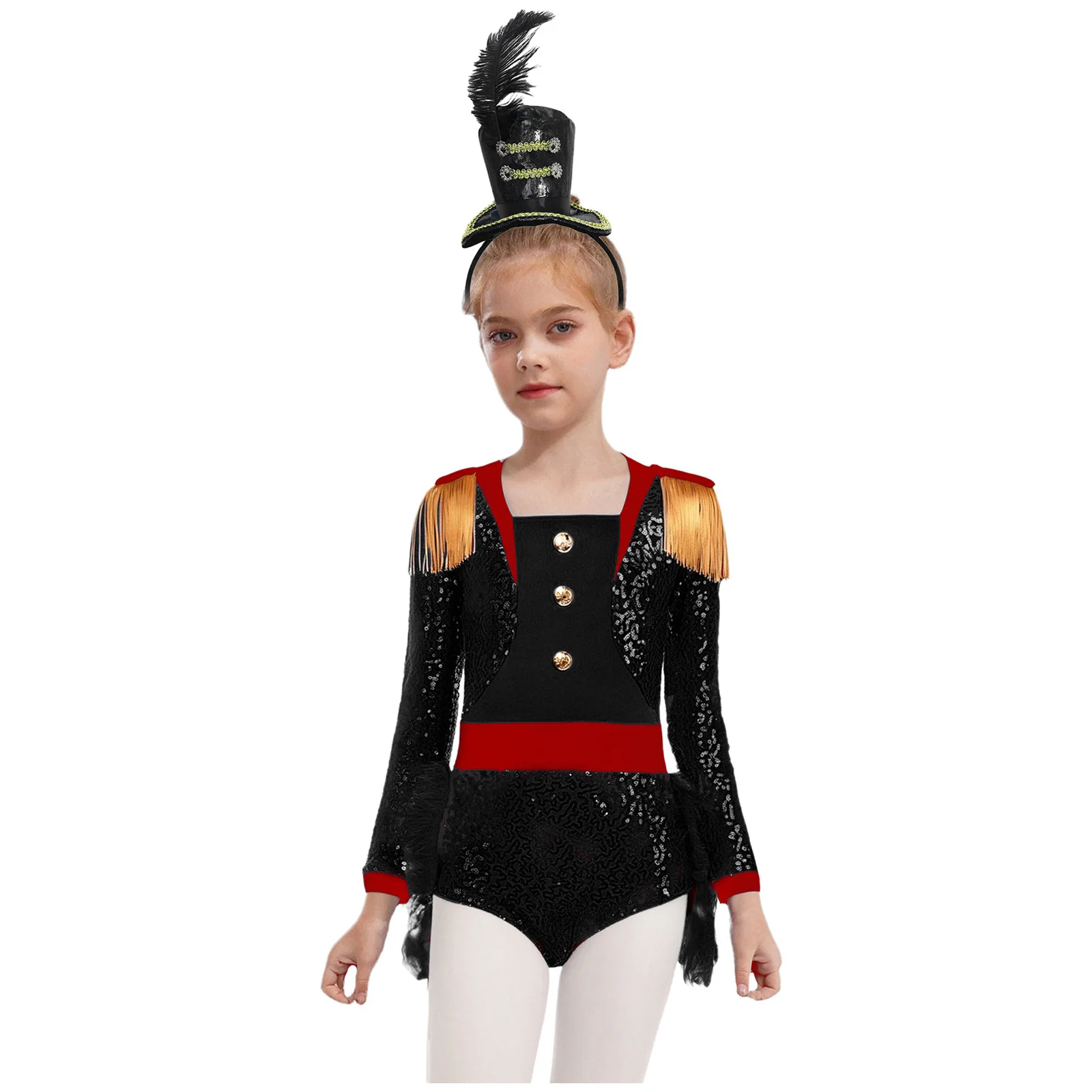 

Halloween Circus Ringmaster Cosplay Bodysuit Long Sleeve Feathered Jumpsuit And Soldier Mini Top Hat Feather Headband