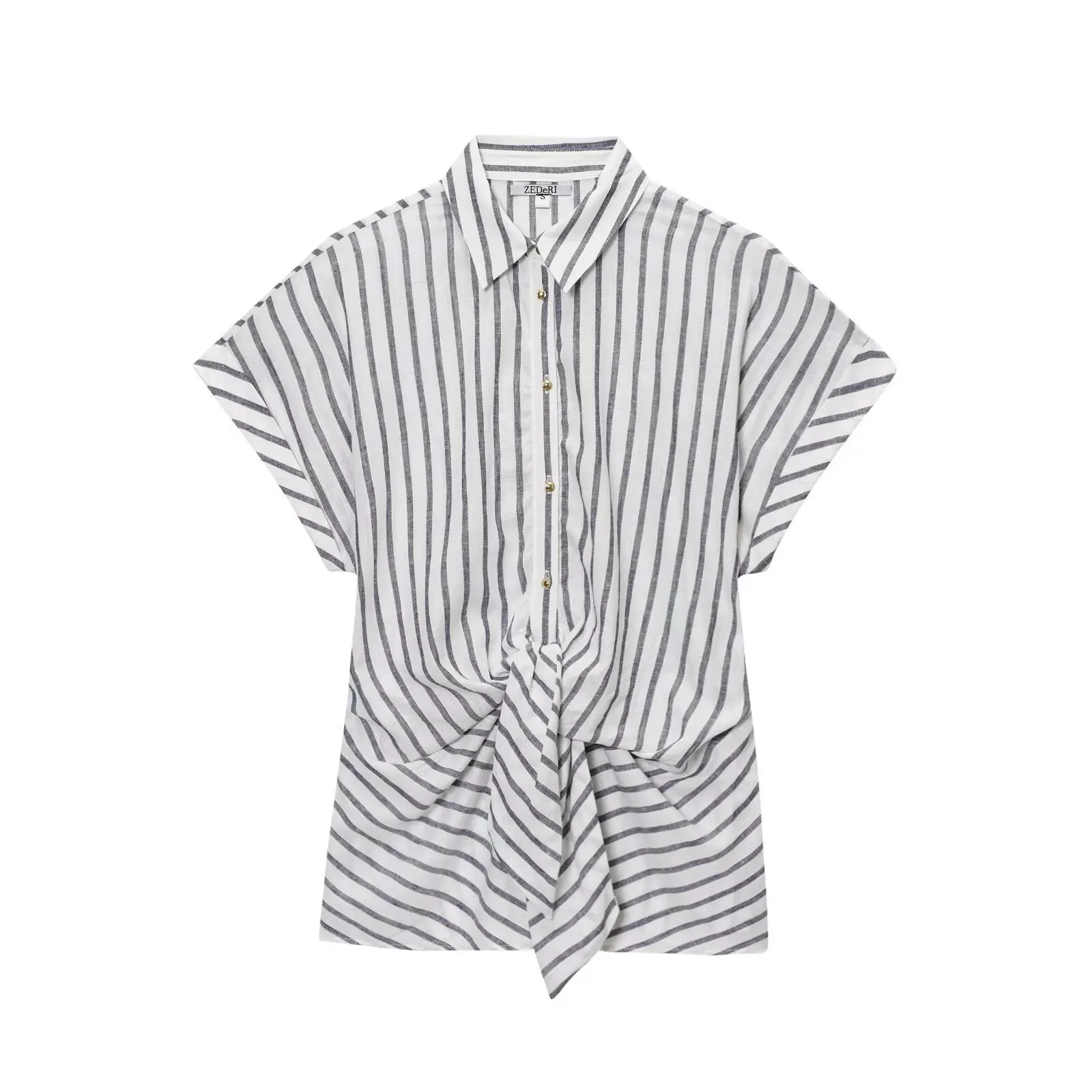 

Women's Linen Blend Striped Shirt Slim Fit Shirt Summer Short Sleeve Blouse Versatile Blend Knot Striped Short Sleeved Shirt