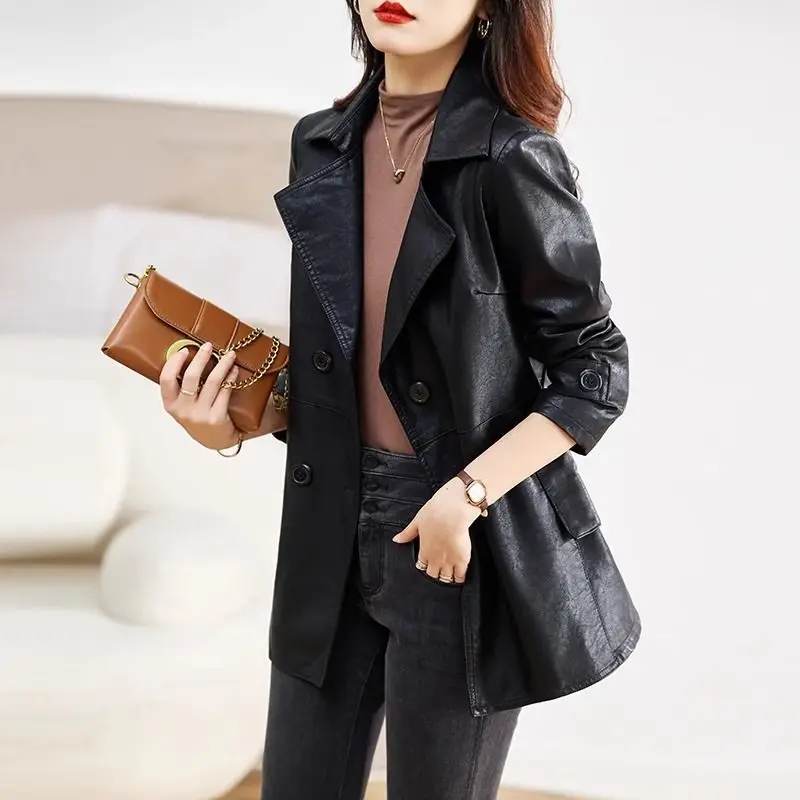 

Spring and Autumn New Women's Leather Suit Collar Coat Jacket Mid-Length Leather Windbreaker Slim Casual Overcoat Clothes