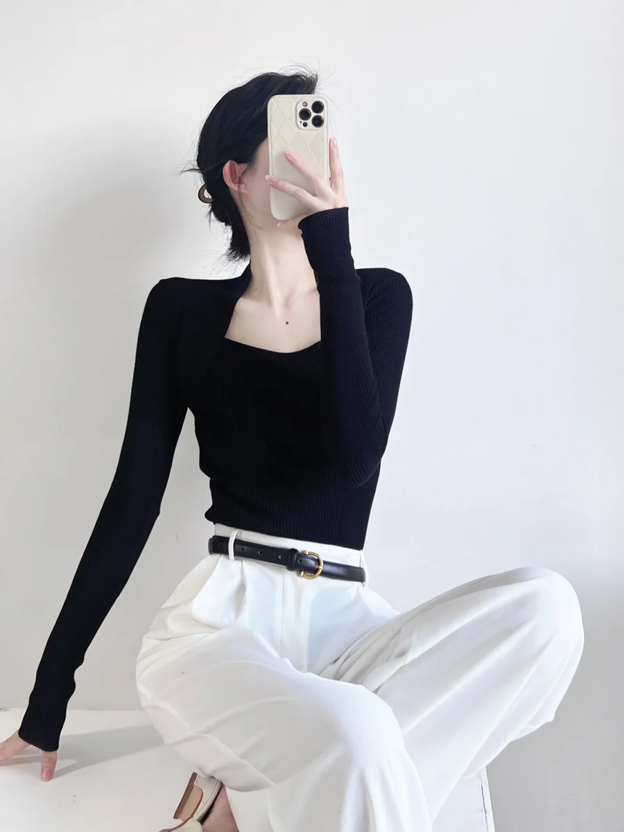 

Ранняя осень, новый дизайн, вязаный топ, женский облегающий тонкий внутренний топ, основа irt Commute Sle Long Sve с квадратным воротником