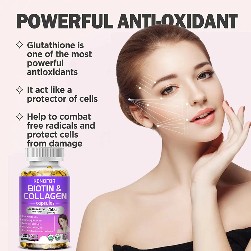 كبسولات الكولاجين لتبييض البشرة، مكملات مضادة للأكسدة مع البيوتين وفيتامين C، تقلل الخطوط الدقيقة والتجاعيد، مضاد للشيخوخة