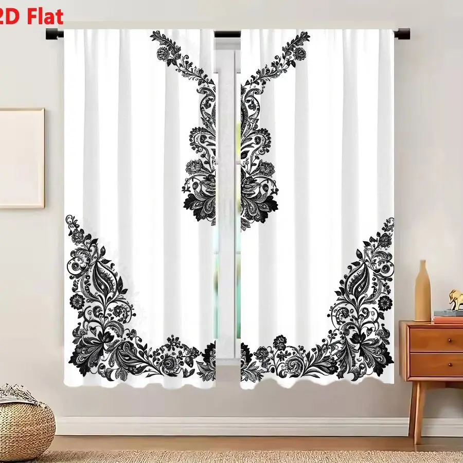 2Pcs Curtains 2D Flat Ornate Black And White Baroque Floral Frame Border With Pendant Motif Window Drapes for Bedroom Room Decor