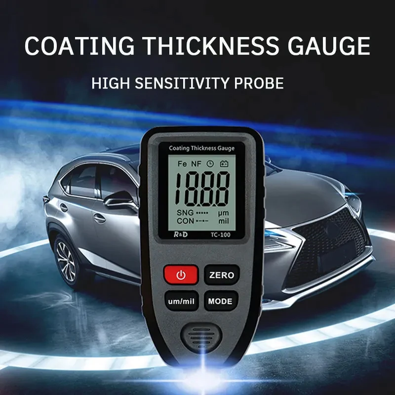 R&D TC100 Coating Thickness Gauge High Precision Iron Aluminum Dual Use Automotive Paint Film Thickness Tester 1 Set