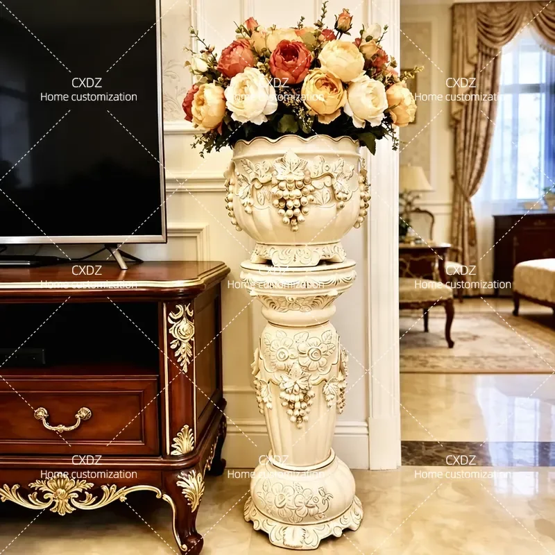 European Style Ceramic Column Vase Large Floor Standing Ornament for Living Room Hotel Lobby Home Decor with Artificial