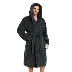 Hooded Long Robe for Men Belt Sleepwear Bathrobe Winter Night Wears Warm Fleece Pajama One Piece Nightgown Pocket Homewear 2024