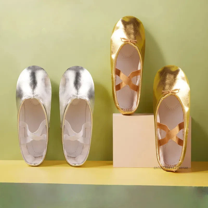 Детская танцевальная обувь, обувь из искусственной кожи на мягкой подошве, обувь с кошачьими когтями, женская танцевальная обувь для йоги золотого и серебряного цвета, балетная танцевальная обувь