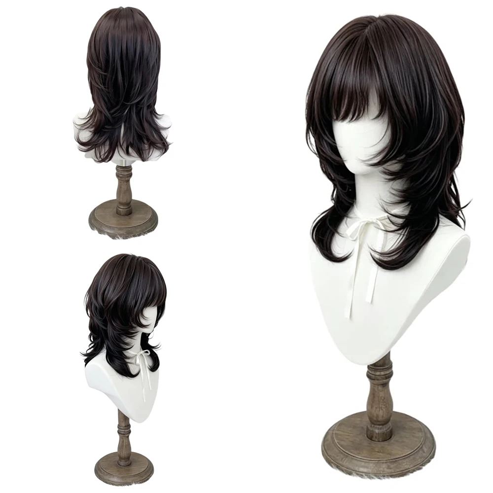 Natural Looking Black Brown Wig For Women Medium Length Layered Wavy Wig Heat Resistant Synthetic Hair Daily Use Party Cosplay