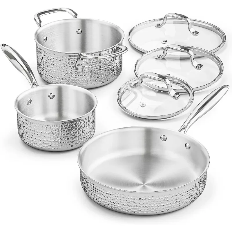 

Pots and Pans Set Tri-Ply 6 Pieces Hammered Stainless Steel Kitchen Cookware Gas/Induction Compatible Cookware Set