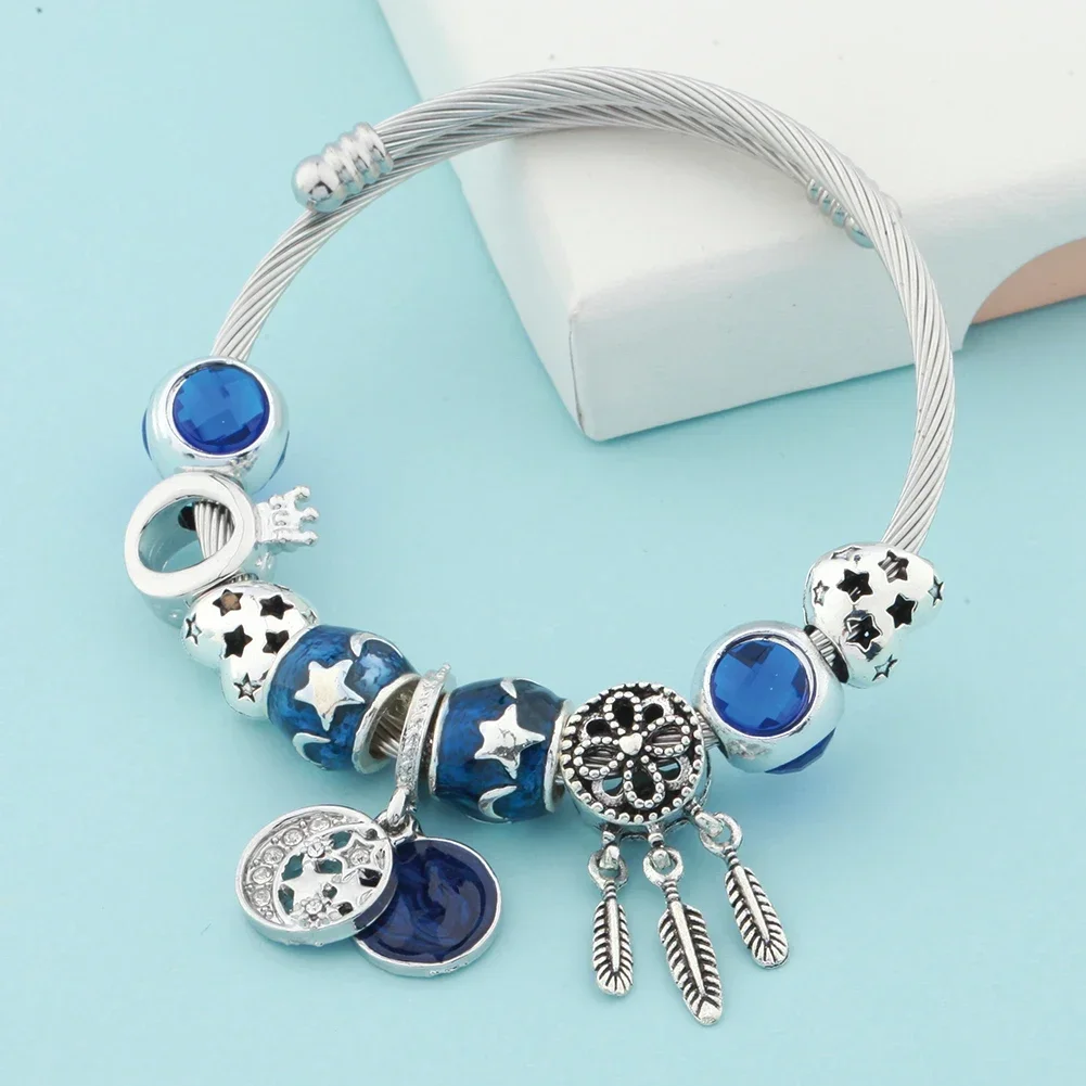 Trendy Dark Blue Enamel Star Moon Pendant Charm Bracelet Silver Color Crown Heart Dream Catcher DIY Bead Cuff Bangle Gift