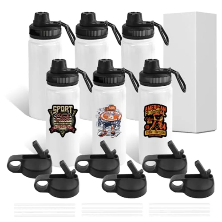 

Sublimation Sports Water Bottle Stainless Steel Insulated White Tumbler with Wide Mouth Lid and Straw 6 Packs 6packs 20oz