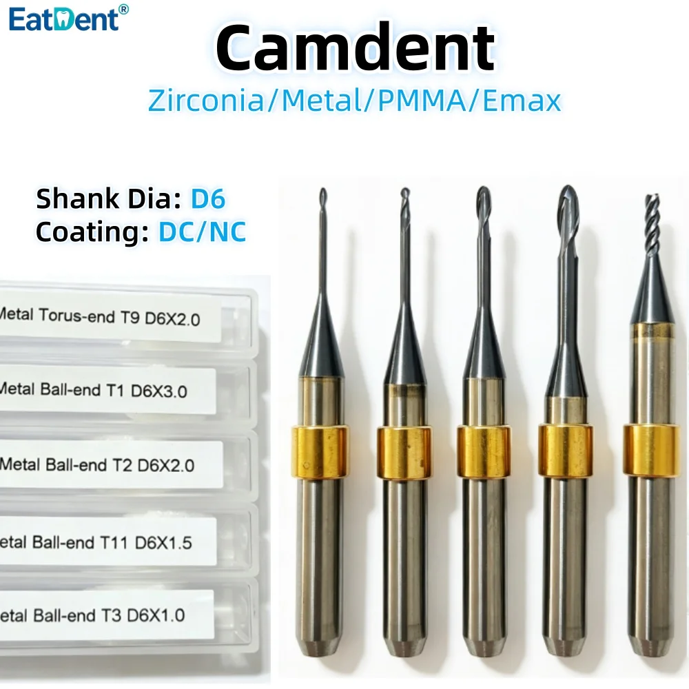 Camdent Milling Burs for Zirconia Metal Lithium Disilicate/Emax PMMA D6 DC Coating CAD/CAM Cutter Dentistry Lab Grinding Drills