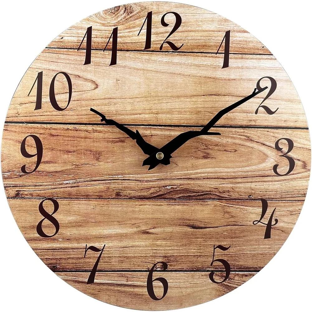Modern Round Clock with Wood Texture Finish and Silent Sweep Movement for Home Office Living Room MDF 25cm Diameter