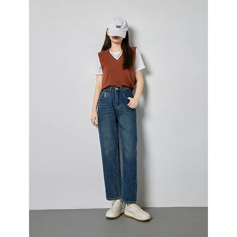 TOYOUTH Vintage Women Jeans High Waist Straight Denim Pants American Style Fashion Casual Strech Denim Trouser