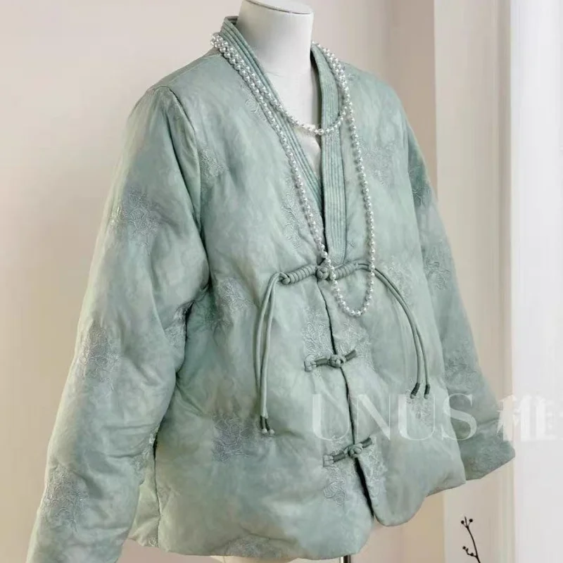 

Chinese Style Floral Embroidery Jacket Women Autumn Winter New Frog Button V-neck Female Satin Outwears Soft Warm Cotton Coat