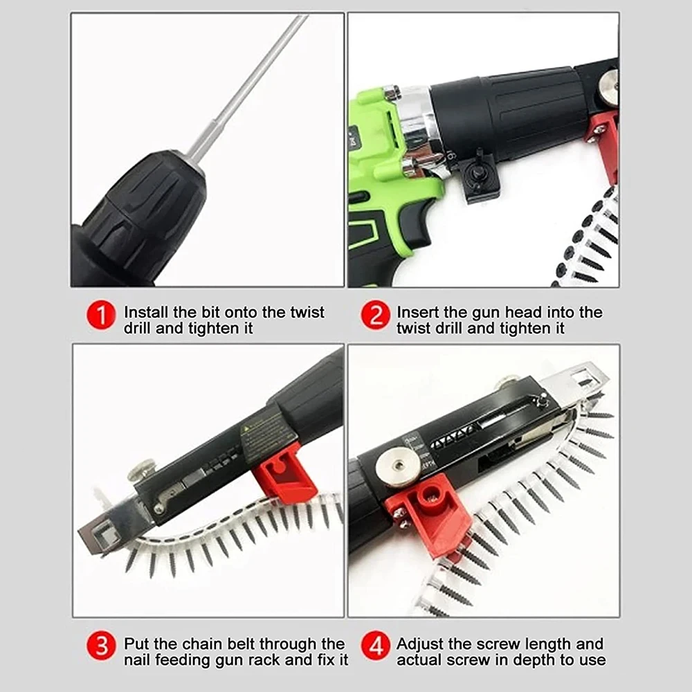 Automatic Screw Driver Chain Nail Gun Adapter Electric Drill Nozzle Woodwork Screw Drive Auto Feed Power Tool Part Attachment