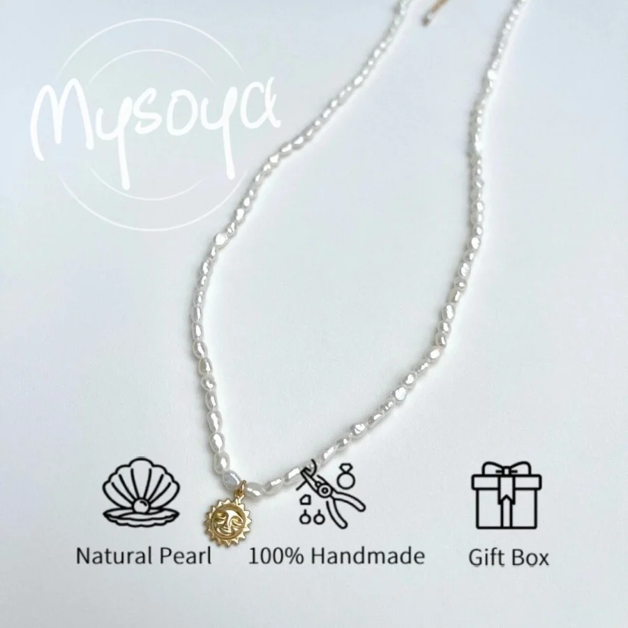 

MYSOYA Freshwater Pearl Rice Baroque Pearl Necklace, Sun Smiley Pendant 4-5mm Pearl Gift Box Birthday Gift Wedding Jewelry