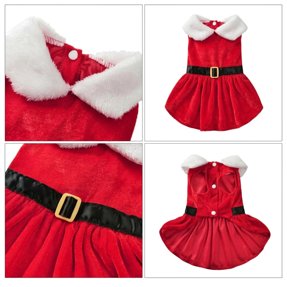 Cute Christmas Pet Cat Clothes Red Velvet Dress Festive Santa Outfit for Cats Kitten Puppy New Year Holiday Costume Photo Props