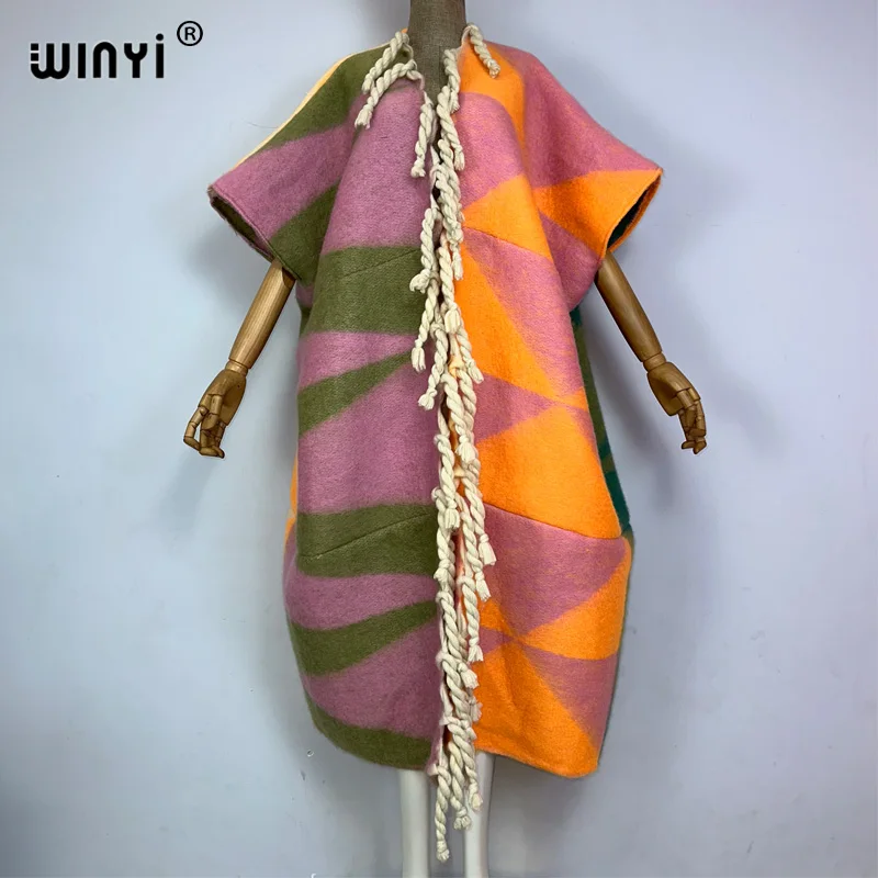 WINYI winter coat dress for women Africa print tassels Luxury Long Fur Loose OverCoat Thick Warm long down coat fashion cardigan