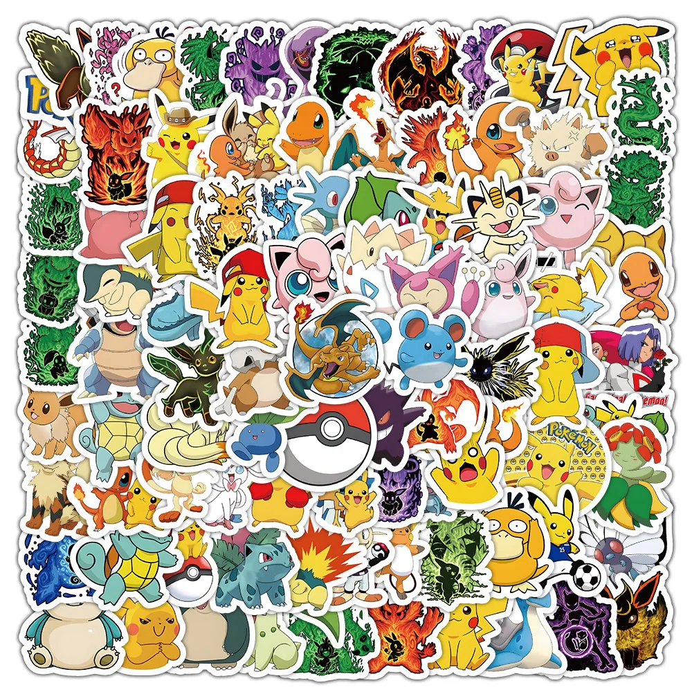 100PCS Kawaii Pikachu Anime Pokemon Stickers for Laptop Suitcase Skateboard Guitar Phone Cartoon Sticker Kid Gift Toys