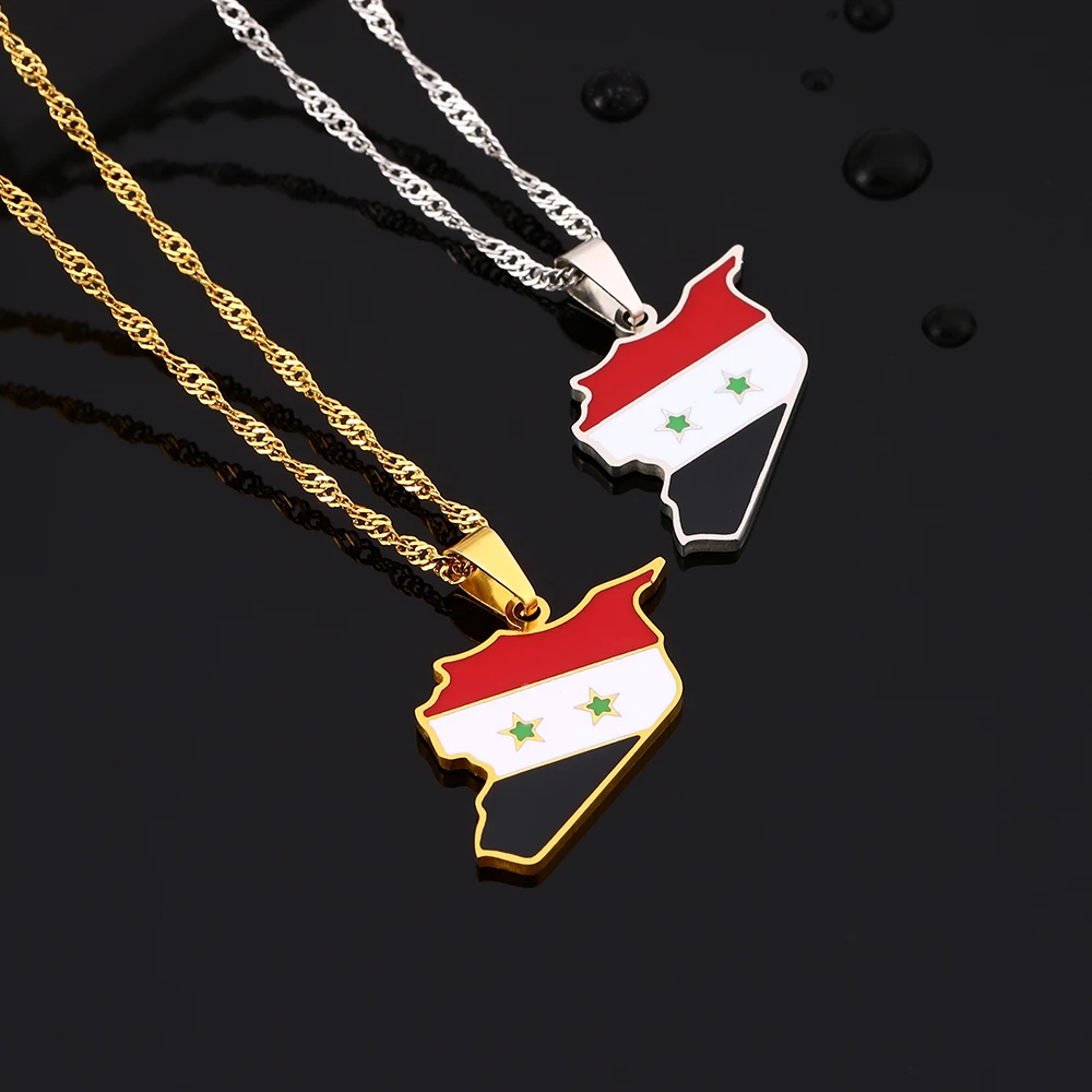 New Enamel Drop Oil Syria Map Flag Pendant Necklace For Women Syrians Stainless Steel Jewelry Ethnic Party Birthday Gifts