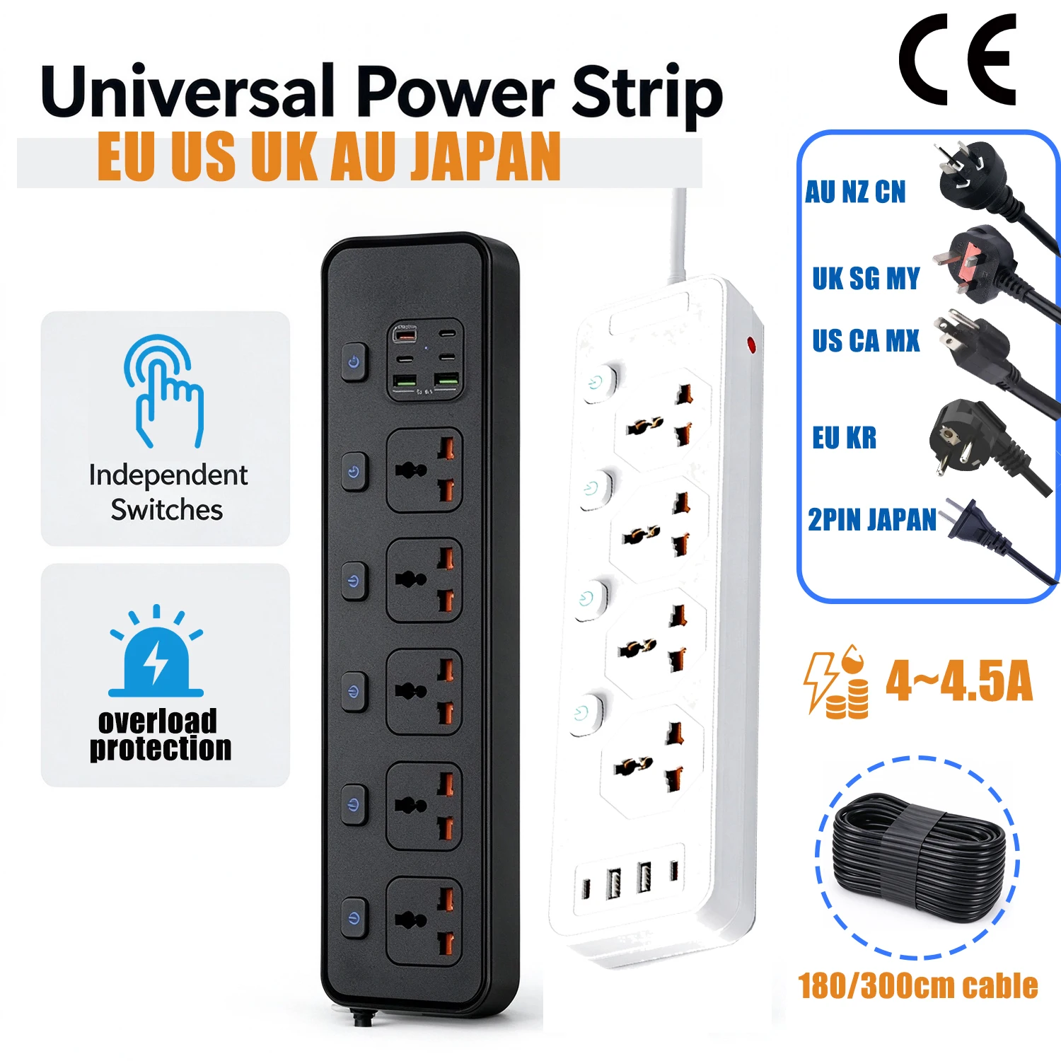 Universal Power Strip Extension Socket with AU EU US UK Plug USB Type-c 200/300cm Cable Safety Singapore Surge Protector Outlets
