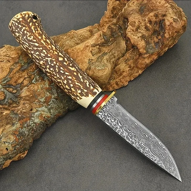 Outdoor Damascus Pattern Knife Sharp Stainless Steel Small Knife for Meat Cutting High Hardness with Bone-Imitation Handle