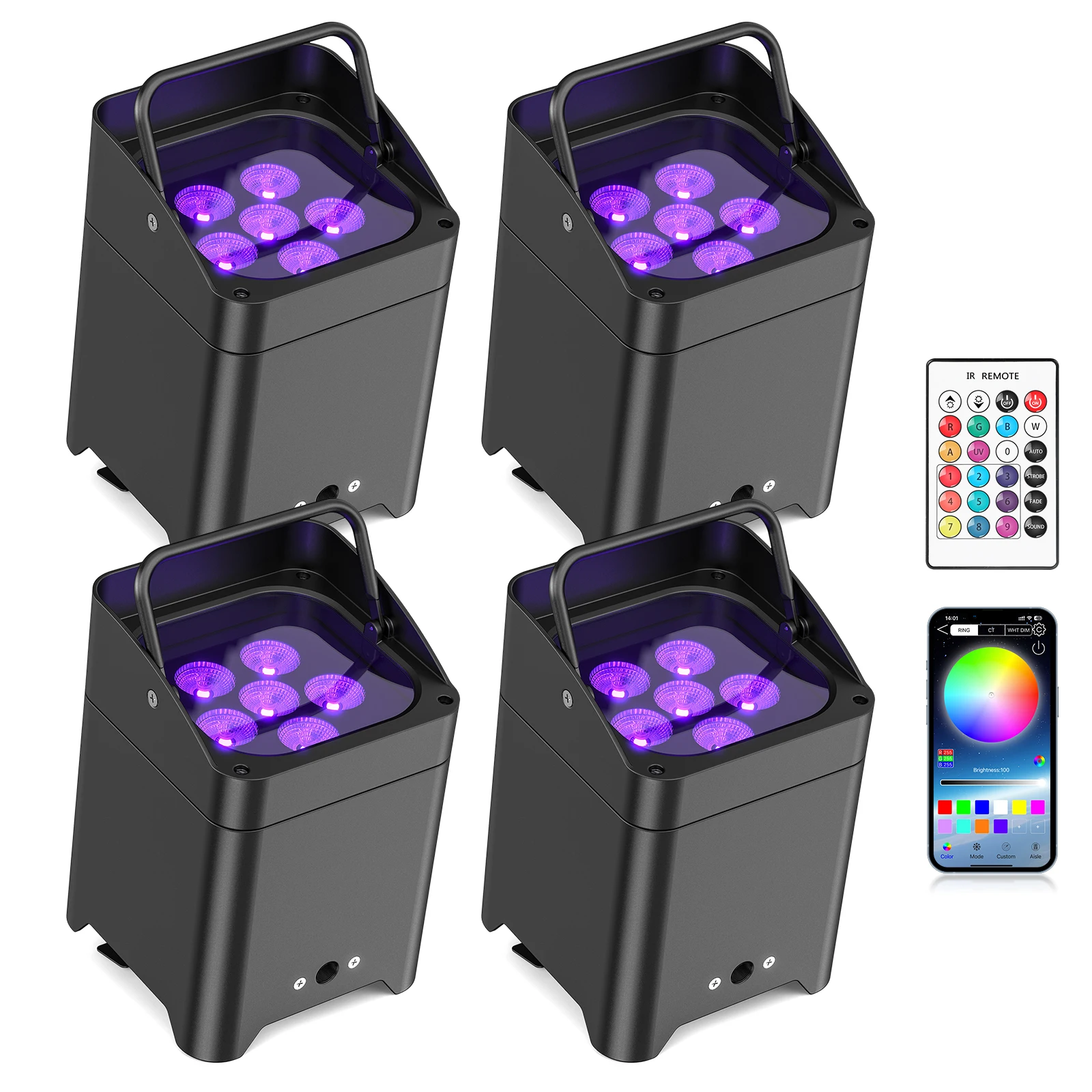 

U'King 4 шт. 6x18 Вт 6IN1 RGBAW + УФ Par Light Беспроводной пульт дистанционного управления Светодиодный светильник на батарейке для диско-диджея, бара, вечеринки, концерта, сцены