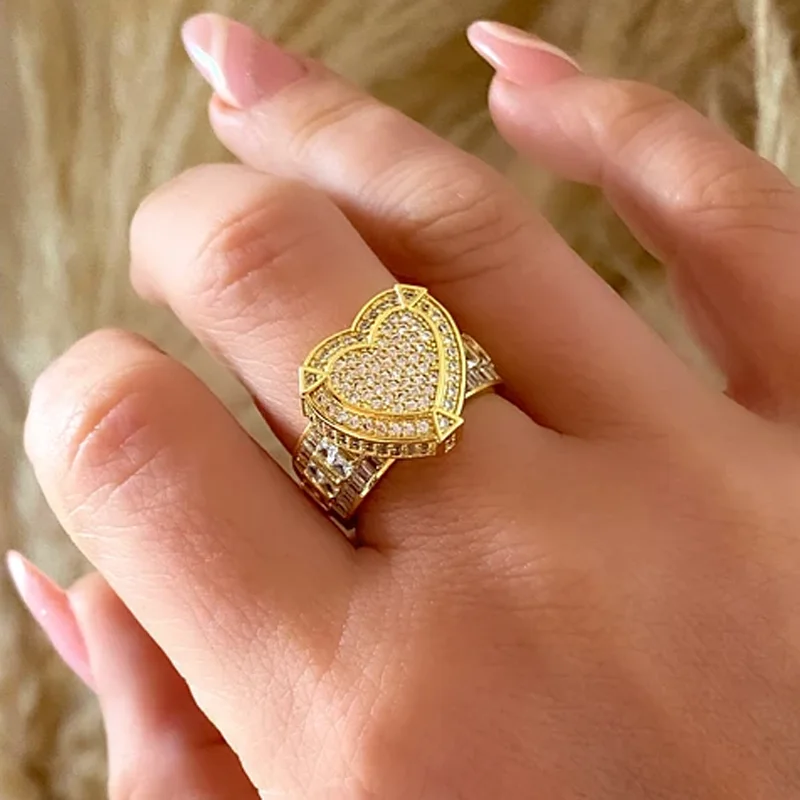 Micro Pave wyczyść CZ w kształcie serca para pierścionki dla zakochanych Iced Out Bling cyrkonia pierścionki prezent na walentynki biżuteria ślubna