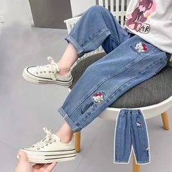 2024 New Girls Jeans Cartoon Hello Kitty Embroidery Spring Autumn Toddler Girl Denim Pants Fashion Kids Loose straight Trousers