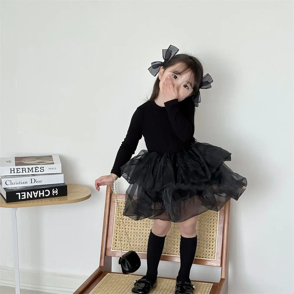 Girls Long Sleeved Dress 2025 Spring New Korean Fashion Splicing Mesh Charm Pong Princess Dress Kids Clothes