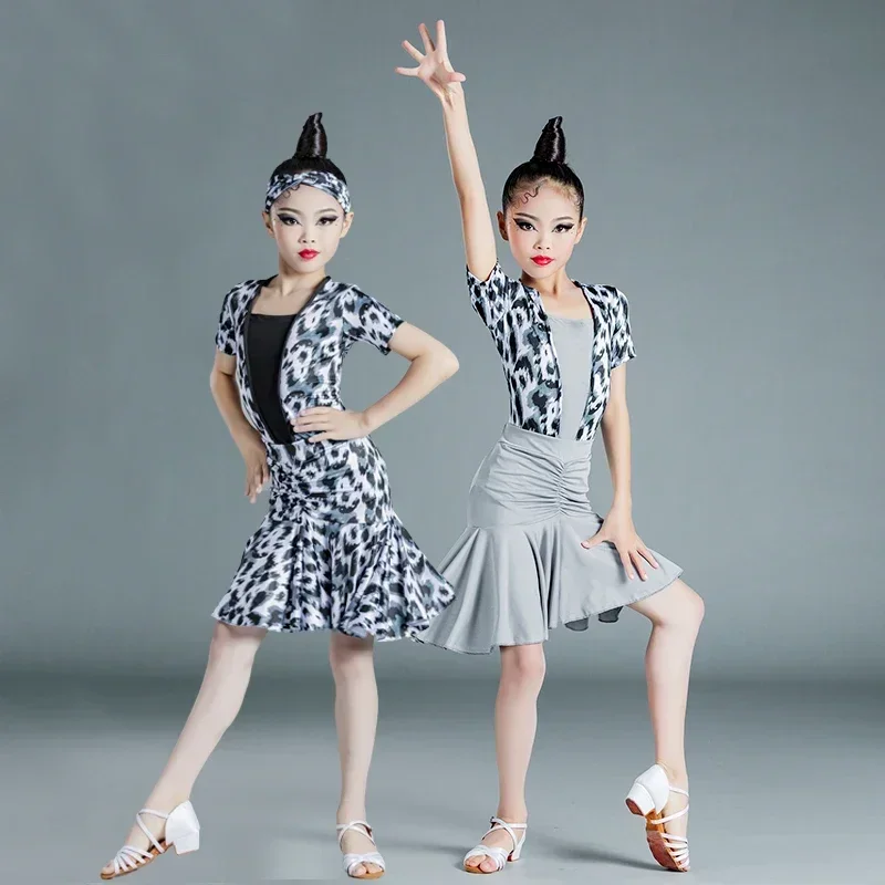 

Latin dance dress girl summer short sleeved leopard print professional graded testing training competition suit