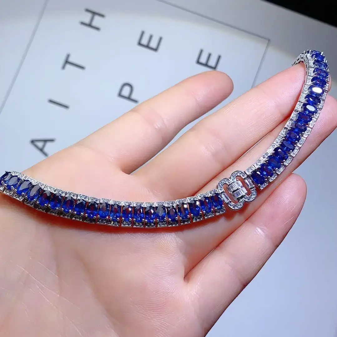 Natural Sapphire Bracelet Heavy Full Diamond, S925 Sterling Silver Luxury Delicate Jewelry