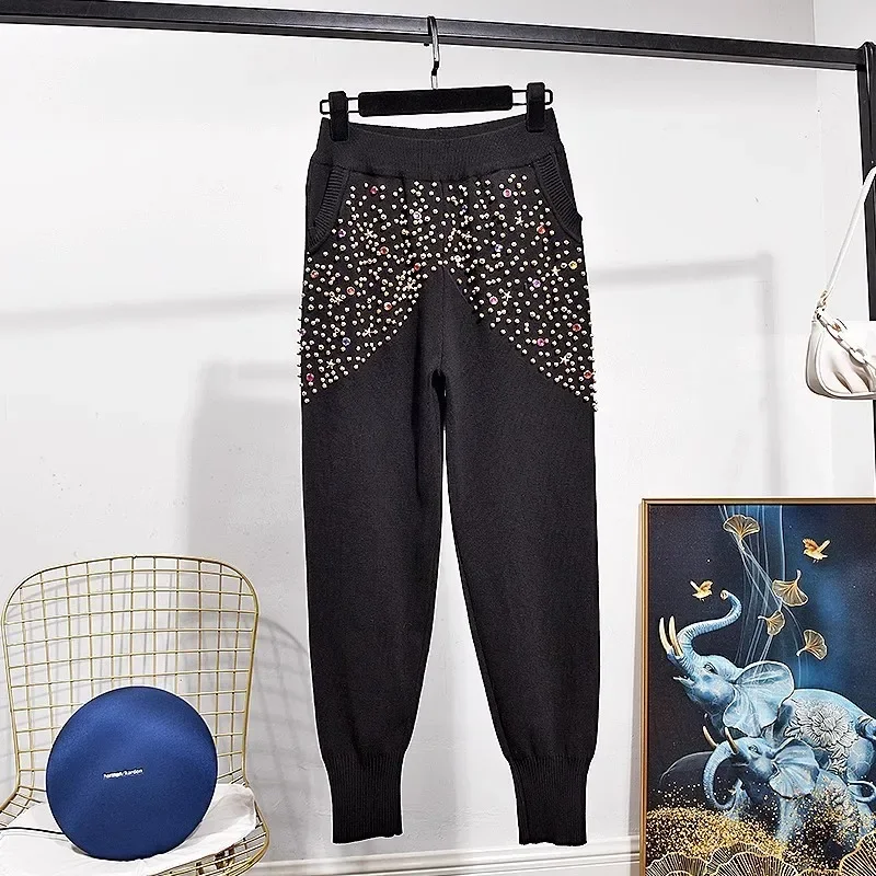 

Beading Diamonds Tassels Black Knitted Tracksuit Women Two Piece Outfits Casual Loose Pullover Sweater Pencil Pants Set Female