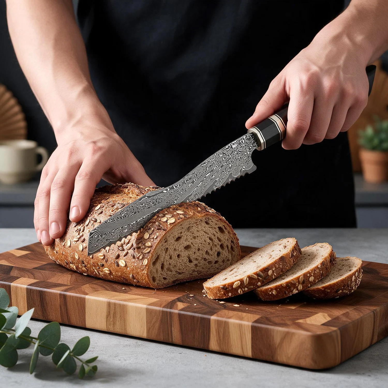 XITUO 8-Inch Serrated Bread Knife Sharp Black Damascus Steel Serrated Edge Sandalwood Handle for Sourdough, Baguette, Toast
