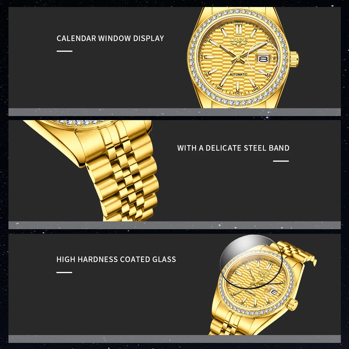 LIGE Orologio da uomo dorato Orologio meccanico automatico originale classico per uomo Relojs + scatola in acciaio inossidabile luminoso impermeabile