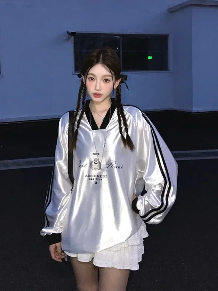 

QWEEK Stain Sport T Shirt Women Letter Print Oversize Loose Casual Top Retro Summer Kpop Striped Long Sleeve Tees 2024 Autumn