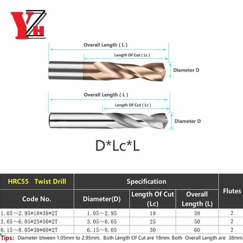 YZH Carbide Twist Drill 1.05-8.05mm Diameter Decimal point HRC50/55 Tungsten Steel Handle For Metal CNC Lathe Machining