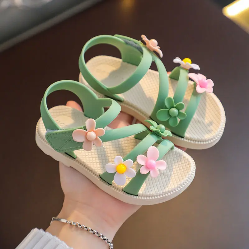 Summer Little Girls Sandals New Flower Simple Cute Pink Green Children Sandals Toddler Baby Soft Casual School Girl Shoes