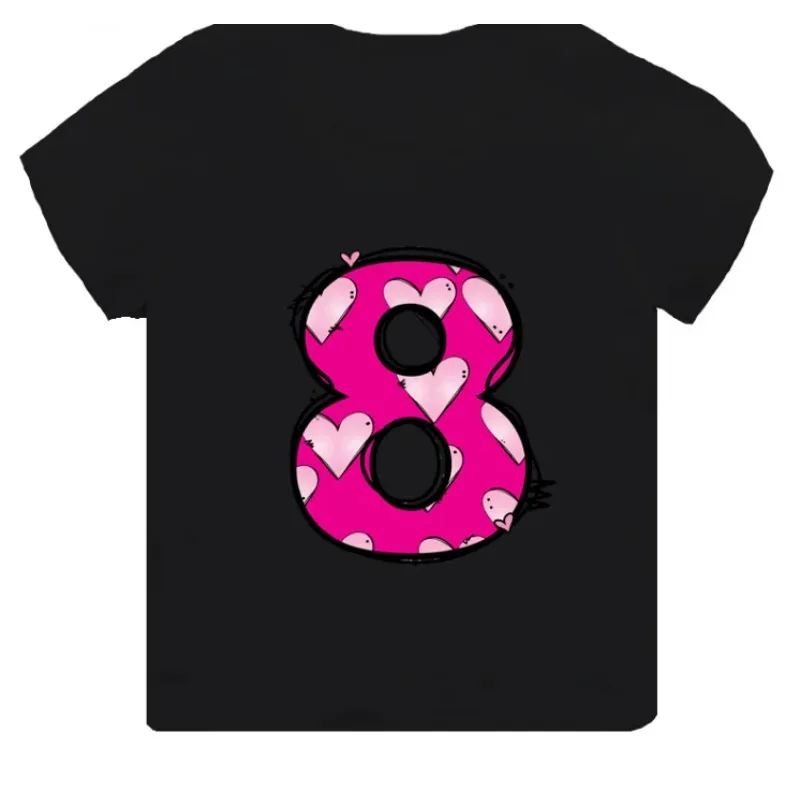 Summer Pink Heart Print Girls Clothes 1-8Years Happy Birthday Number Bow Kids Short Sleeve T Shirt Tops