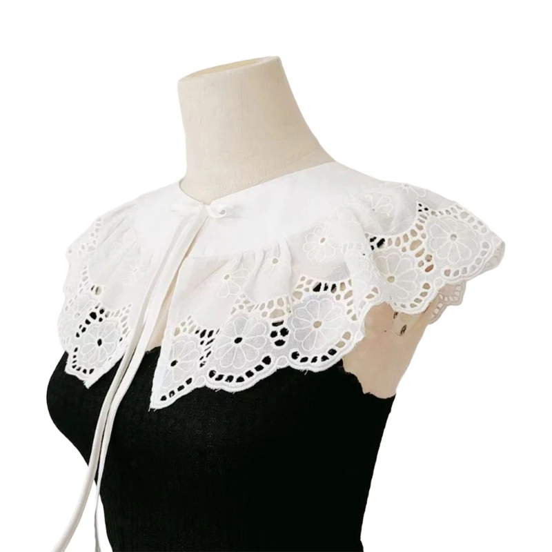 

Hollow Out Embroidery Flower False Collar for Women White Yunjian Shawl Wrap Sweet Elegant Detachable Tie Up Capelet