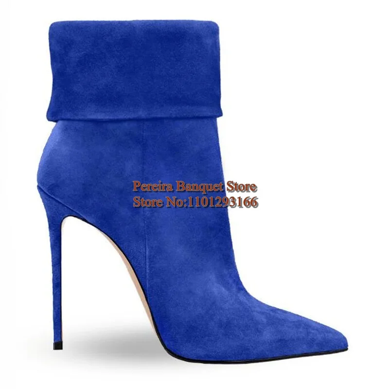 

Purple Suede Stretch Fabric Woman Mid-calf Boot Stiletto High Heels 12CM Pointed Toe Slip on Women Short Booties Red Green Blue