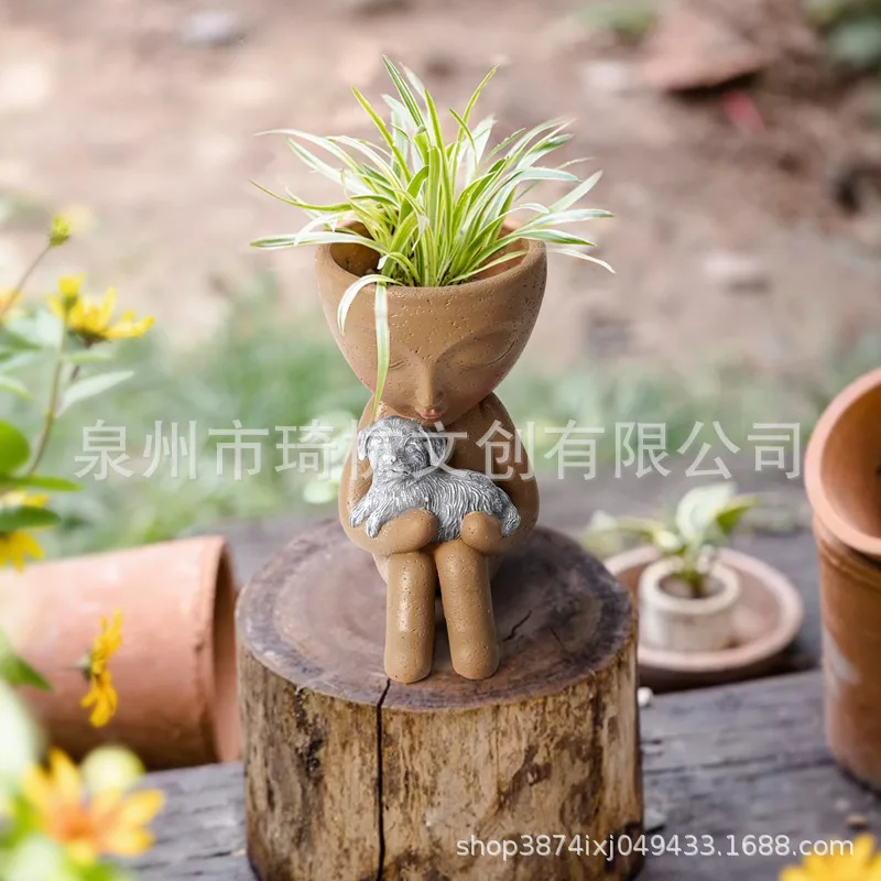 Vaso de flores suculento criativo, cão segurando gato vaso sentado menina resina ornamento, decoração do jardim ao ar livre